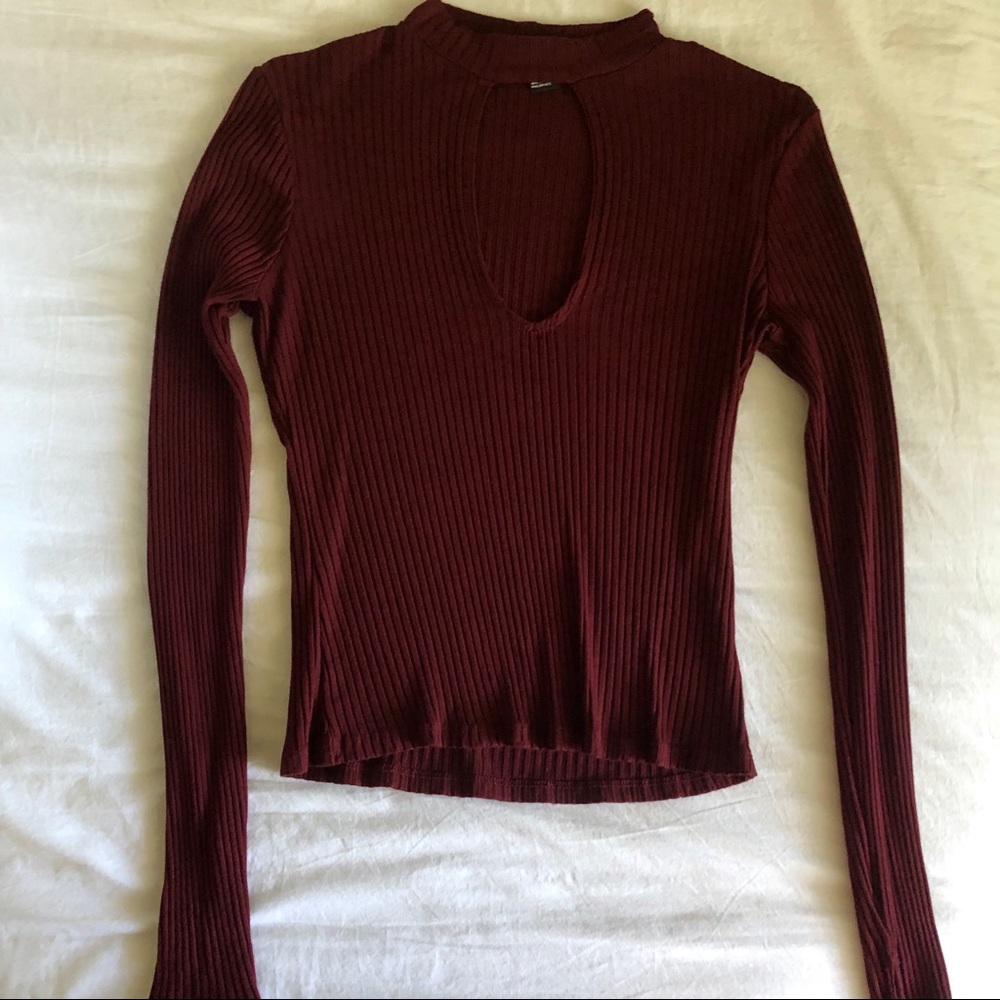 Forever 21 Maroon Keyhole Long Sleeve Blouse